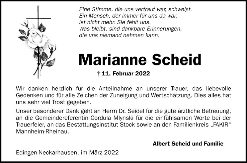  Traueranzeige für Marianne Scheid vom 12.03.2022 aus Mannheimer Morgen