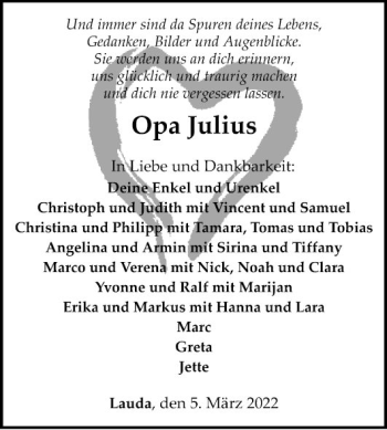 Traueranzeige von Opa Julius von Fränkische Nachrichten
