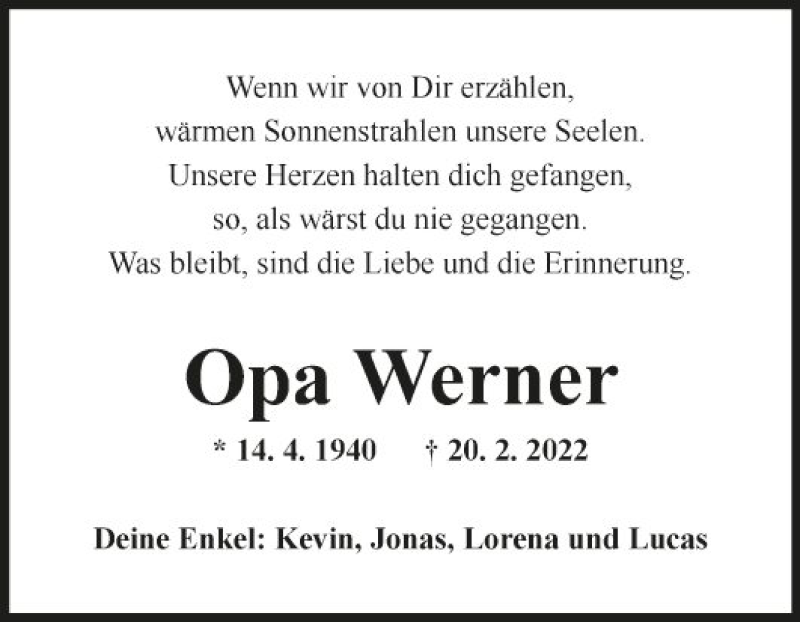  Traueranzeige für Opa Werner vom 05.03.2022 aus Fränkische Nachrichten
