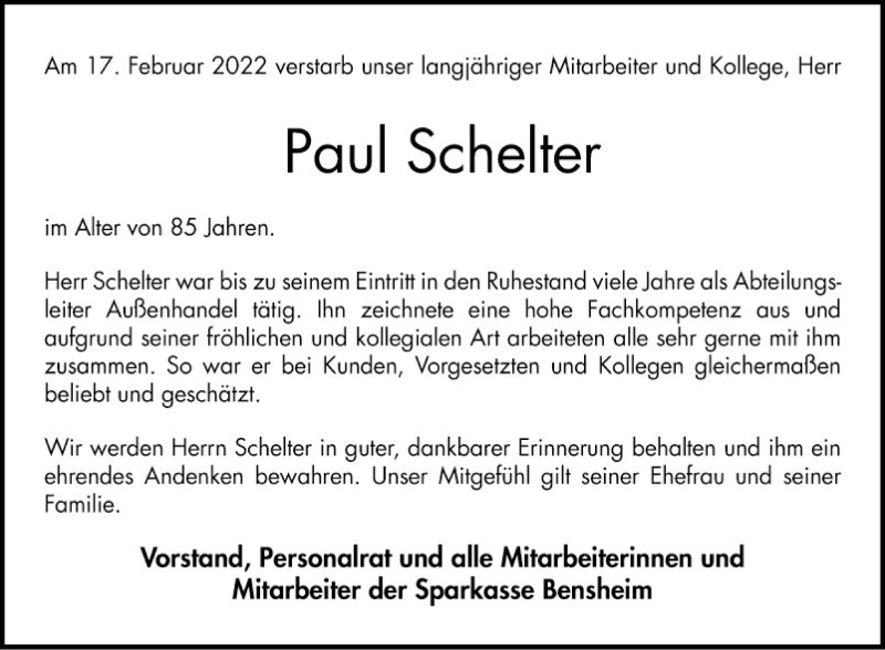  Traueranzeige für Paul Schelter vom 26.02.2022 aus Bergsträßer Anzeiger