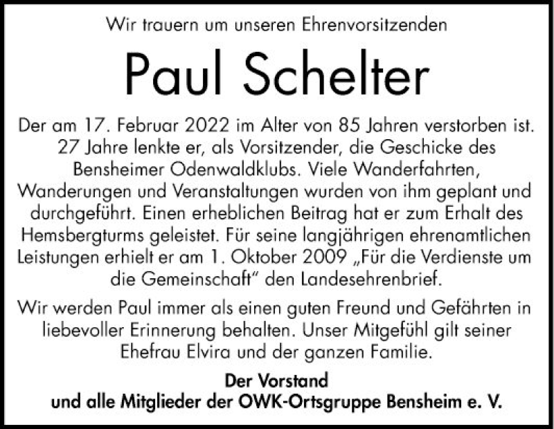  Traueranzeige für Paul Schelter vom 01.03.2022 aus Bergsträßer Anzeiger
