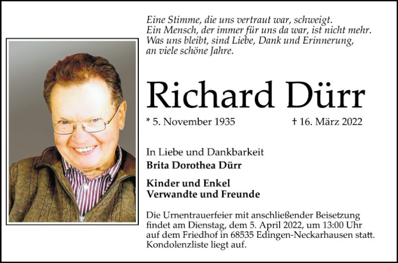  Traueranzeige für Richard Dürr vom 26.03.2022 aus Mannheimer Morgen