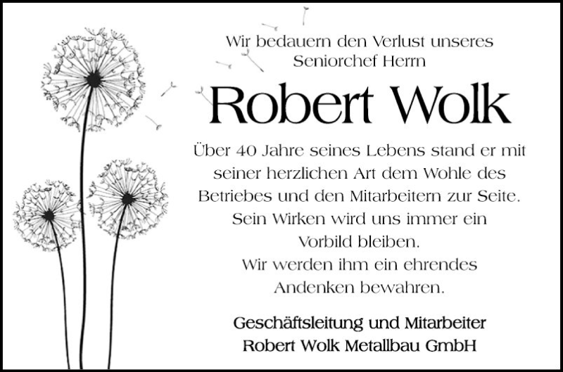  Traueranzeige für Robert Wolk vom 26.03.2022 aus Mannheimer Morgen