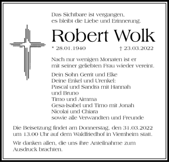 Traueranzeige von Robert Wolk von Mannheimer Morgen