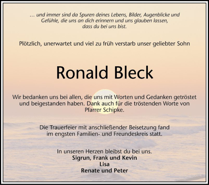  Traueranzeige für Ronald Bleck vom 19.03.2022 aus Schwetzinger Zeitung