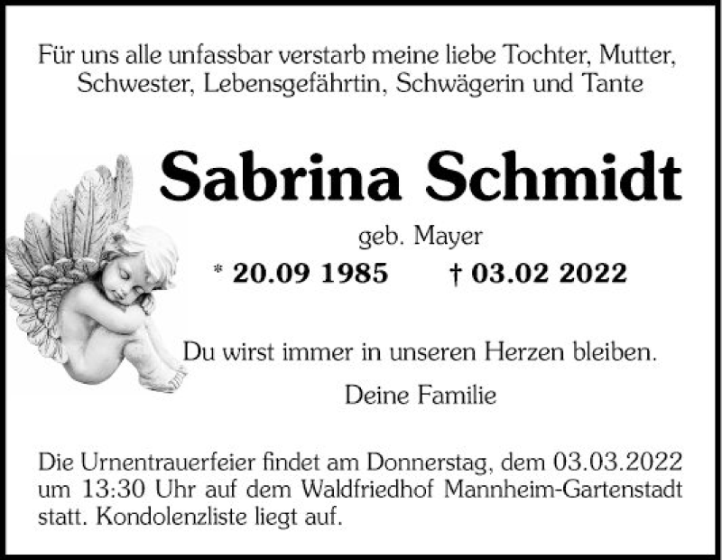  Traueranzeige für Sabrina Schmidt vom 26.02.2022 aus Mannheimer Morgen