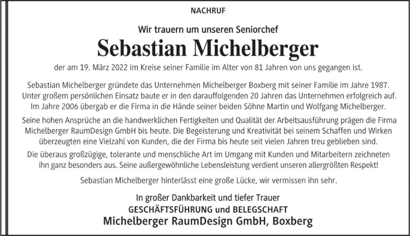  Traueranzeige für Sebastian Michelberger vom 25.03.2022 aus Fränkische Nachrichten