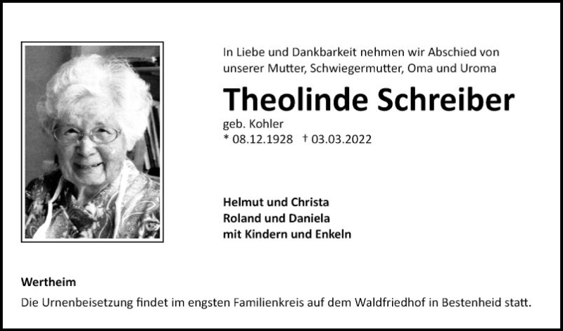  Traueranzeige für Theolinde Schreiber vom 09.03.2022 aus Fränkische Nachrichten