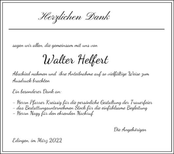 Traueranzeige von Walter Helfert von Mannheimer Morgen