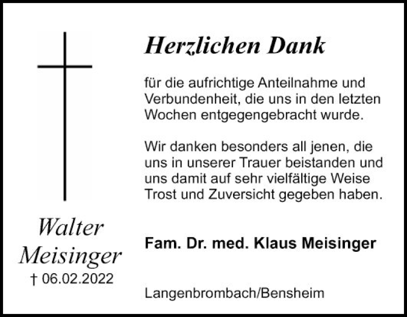  Traueranzeige für Walter Meisinger vom 19.03.2022 aus Bergsträßer Anzeiger