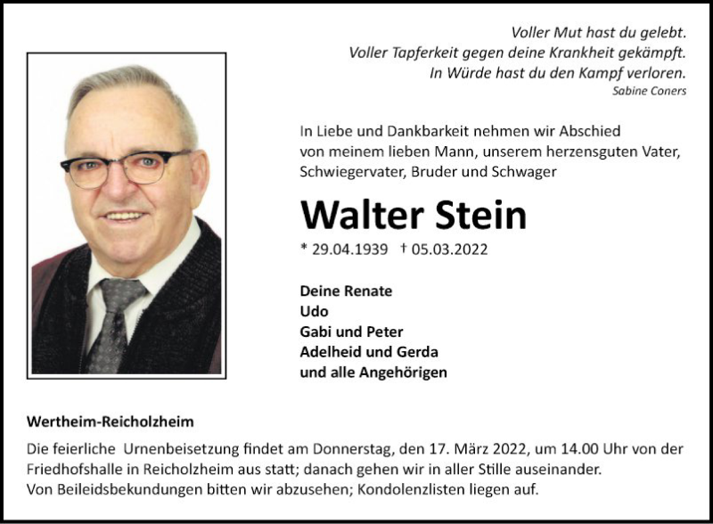  Traueranzeige für Walter Stein vom 12.03.2022 aus Fränkische Nachrichten
