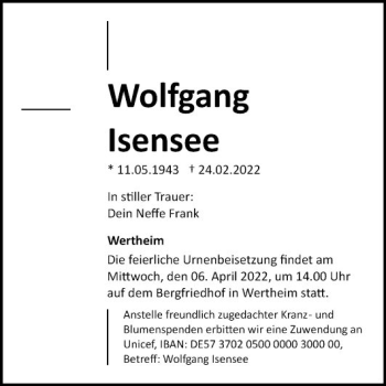 Traueranzeige von Wolfgang Isensee von Fränkische Nachrichten
