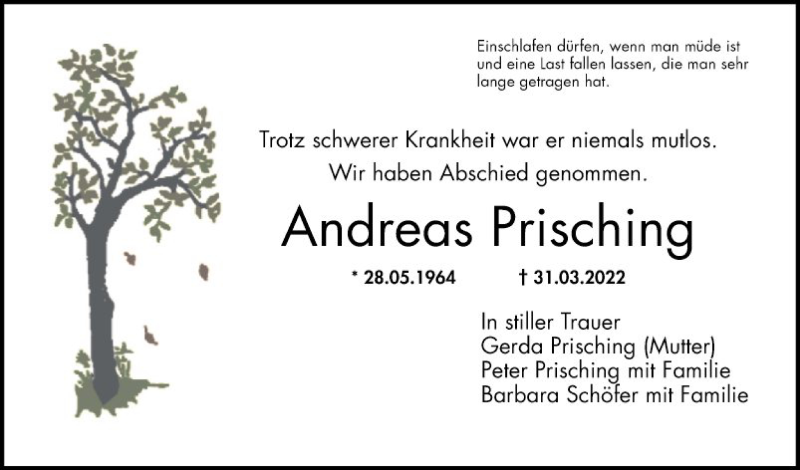  Traueranzeige für Andreas Prisching vom 23.04.2022 aus Schwetzinger Zeitung