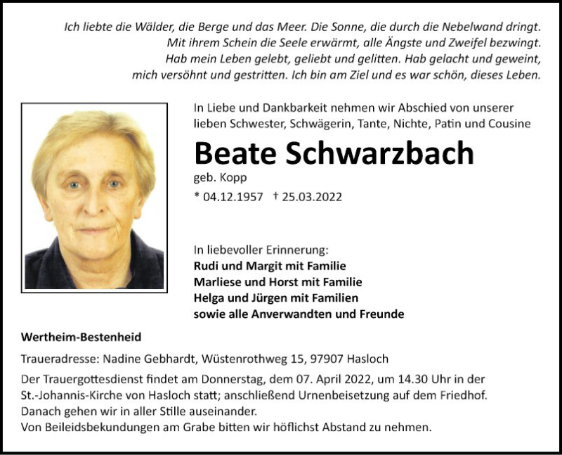  Traueranzeige für Beate Schwarzbach vom 02.04.2022 aus Fränkische Nachrichten