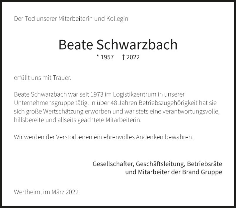  Traueranzeige für Beate Schwarzbach vom 02.04.2022 aus Fränkische Nachrichten