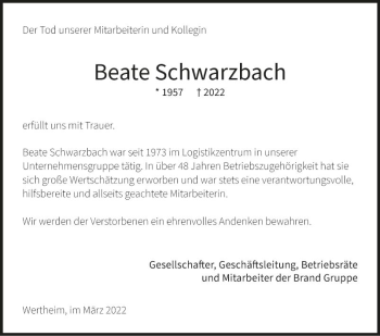 Traueranzeige von Beate Schwarzbach von Fränkische Nachrichten