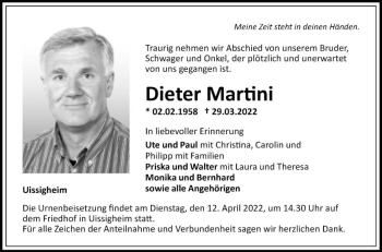 Traueranzeige von Dieter Martini von Fränkische Nachrichten