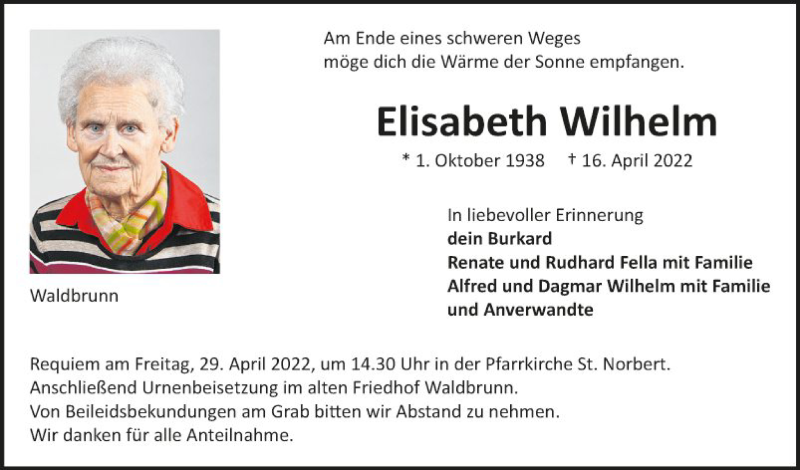  Traueranzeige für Elisabeth Wilhelm vom 23.04.2022 aus Fränkische Nachrichten