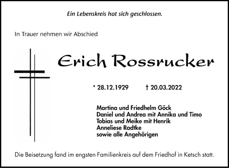 Traueranzeigen von Erich Rossrucker | Trauerportal Ihrer Tageszeitung