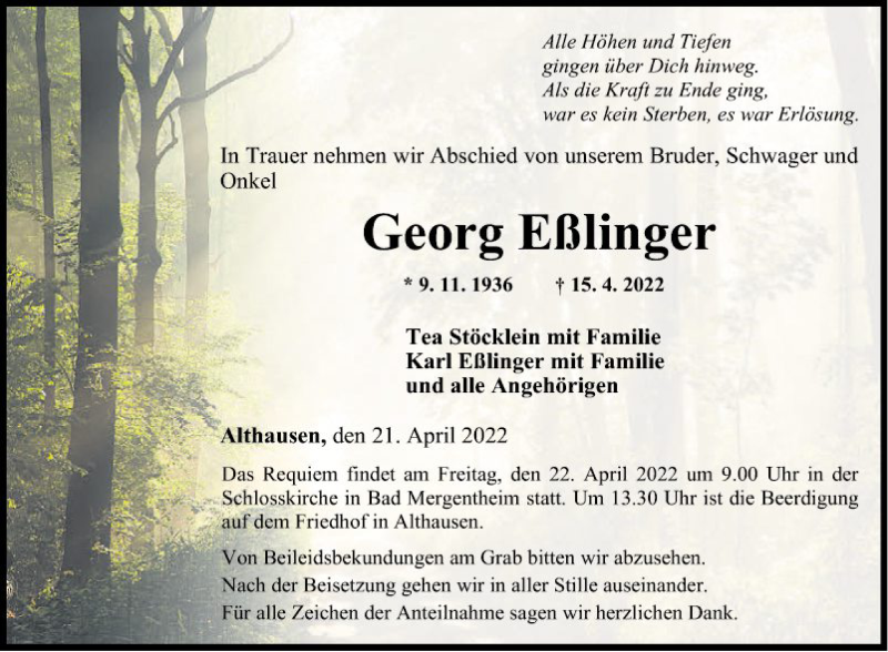  Traueranzeige für Georg Eßlinger vom 21.04.2022 aus Fränkische Nachrichten