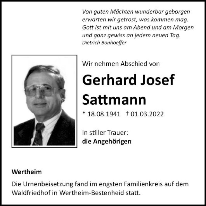 Traueranzeige für Gerhard Josef Sattmann vom 20.04.2022 aus Fränkische Nachrichten