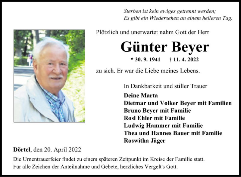  Traueranzeige für Günter Beyer vom 20.04.2022 aus Fränkische Nachrichten