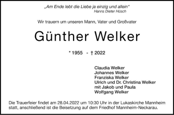 Traueranzeige von Günther Welker von Mannheimer Morgen