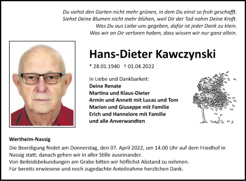  Traueranzeige für Hans-Dieter Kawczynski vom 05.04.2022 aus Fränkische Nachrichten
