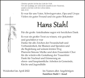 Traueranzeige von Hans Stahl von Fränkische Nachrichten