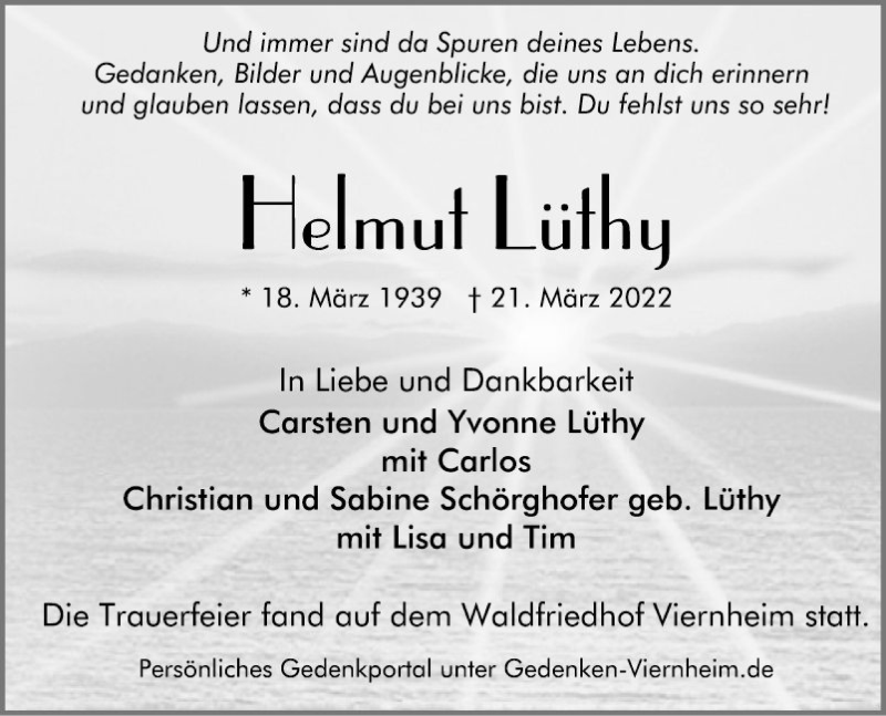  Traueranzeige für Helmut Lüthy vom 02.04.2022 aus Mannheimer Morgen
