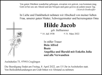 Traueranzeige von Hilde Jacob von Fränkische Nachrichten