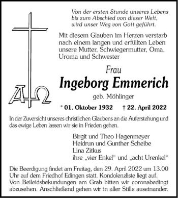 Traueranzeige von Ingeborg Emmerich von Mannheimer Morgen