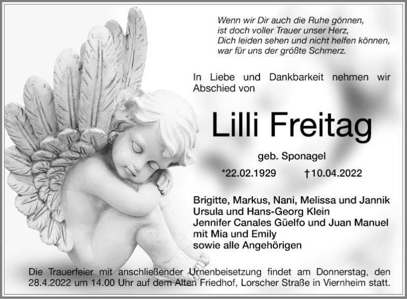  Traueranzeige für Lilli Freitag vom 23.04.2022 aus Mannheimer Morgen