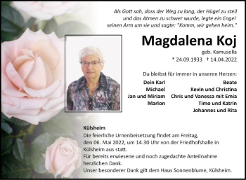 Traueranzeige von Magdalena Koj von Fränkische Nachrichten