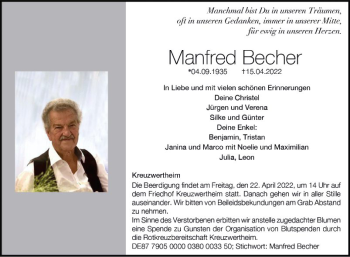 Traueranzeige von Manfed Becher von Fränkische Nachrichten