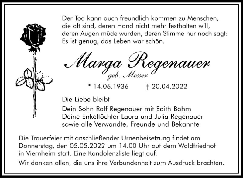  Traueranzeige für Marga Regenauer vom 30.04.2022 aus Mannheimer Morgen