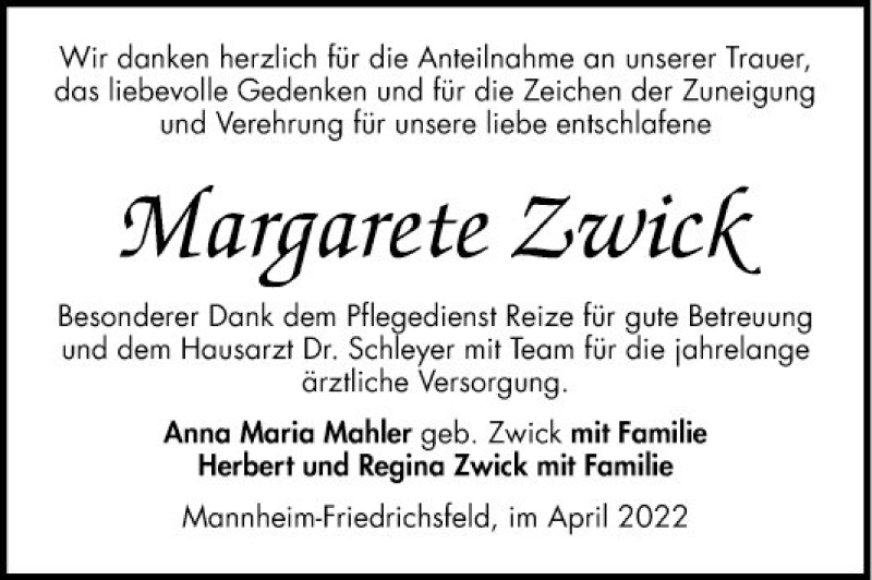  Traueranzeige für Margarete Zwick vom 30.04.2022 aus Mannheimer Morgen