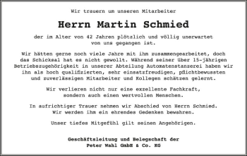 Traueranzeige von Martin Schmied von Fränkische Nachrichten