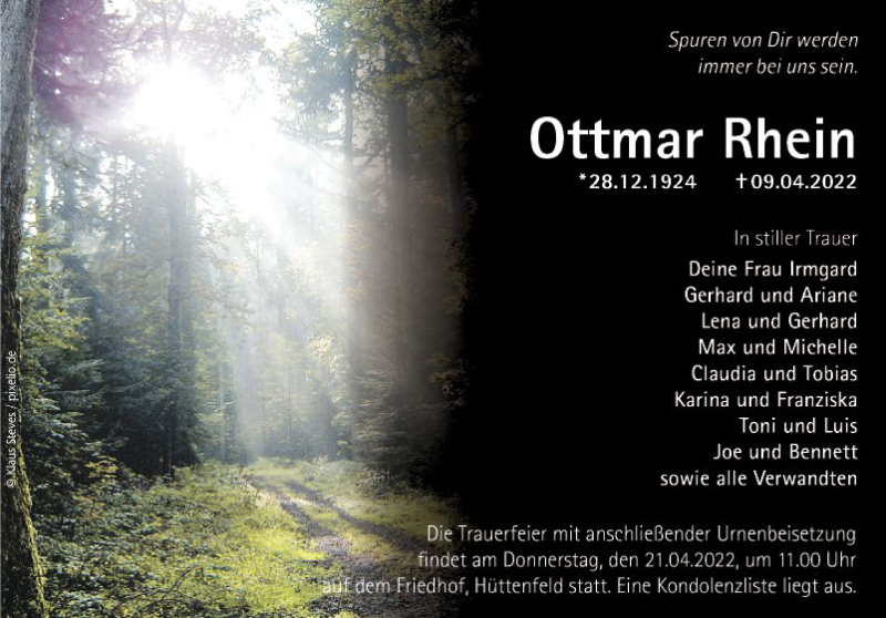  Traueranzeige für Ottmar Rhein vom 16.04.2022 aus Mannheimer Morgen