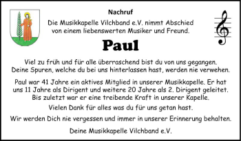Traueranzeige von Paul  von Fränkische Nachrichten