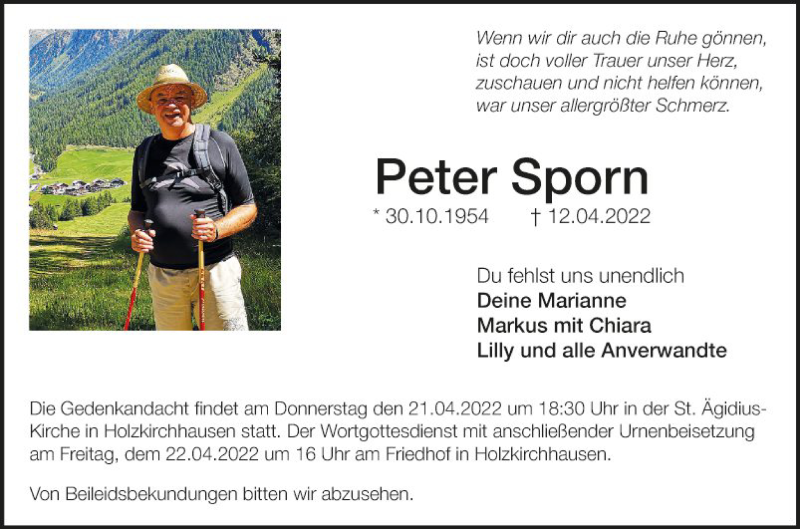  Traueranzeige für Peter Sporn vom 20.04.2022 aus Fränkische Nachrichten