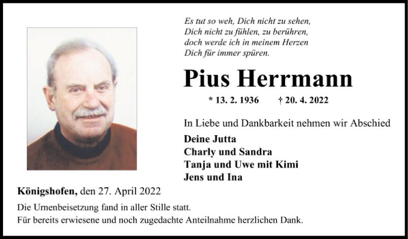  Traueranzeige für Pius Herrmann vom 27.04.2022 aus Fränkische Nachrichten