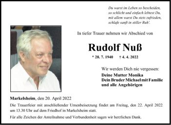 Traueranzeige von Rudolf Nuß von Fränkische Nachrichten