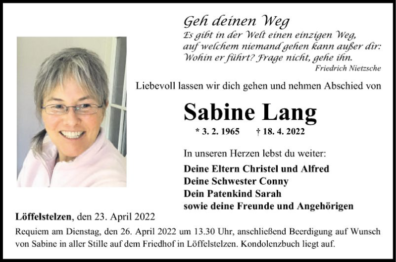  Traueranzeige für Sabine Lang vom 23.04.2022 aus Fränkische Nachrichten