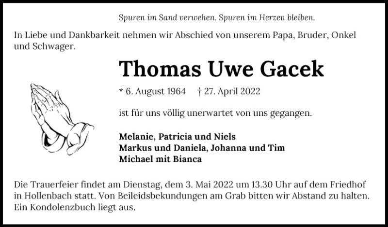  Traueranzeige für Thomas Uwe Gacek vom 30.04.2022 aus Fränkische Nachrichten