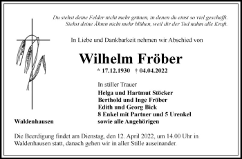 Traueranzeige von Wilhelm Fröber von Fränkische Nachrichten