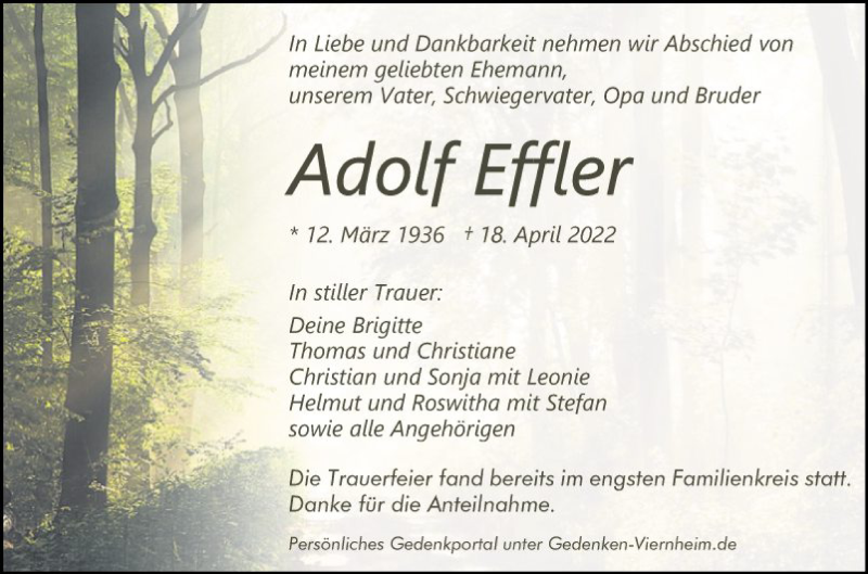  Traueranzeige für Adolf Effler vom 04.05.2022 aus Mannheimer Morgen