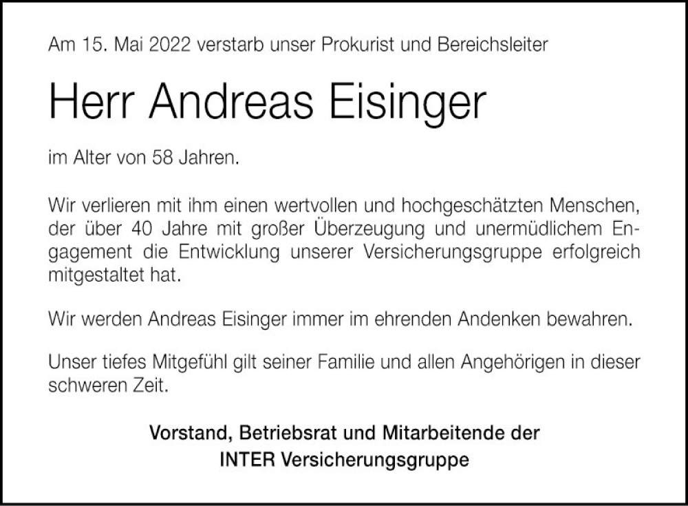  Traueranzeige für Andreas Eisinger vom 18.05.2022 aus Schwetzinger Zeitung