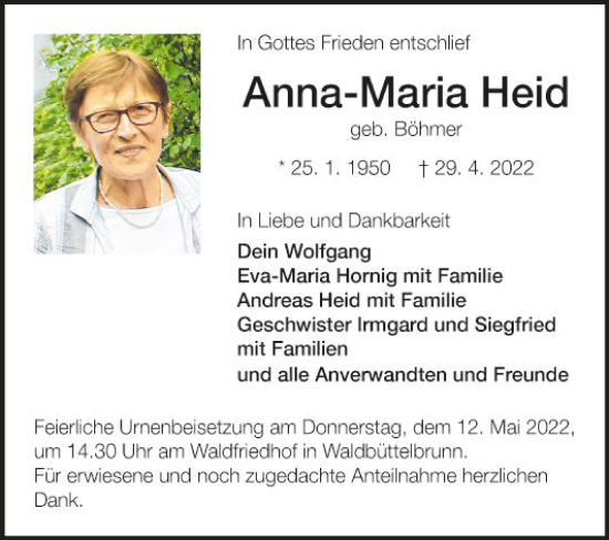 Traueranzeige von Anna-Maria Heid von Fränkische Nachrichten