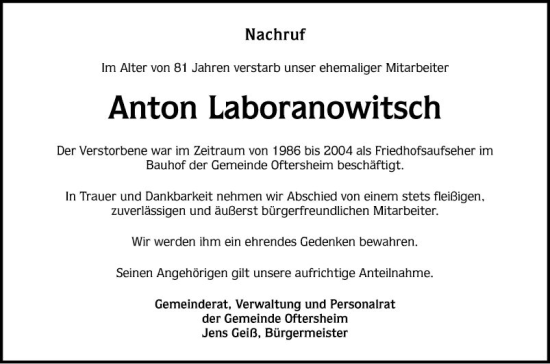 Traueranzeige von Anton Laboranowitsch von Schwetzinger Zeitung